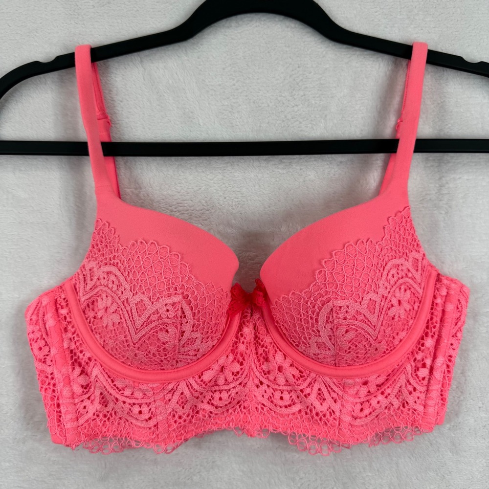 Victoria's Secret Body by Victoria Lined Demi Bra 32C Neon Pink Floral Lace Bow